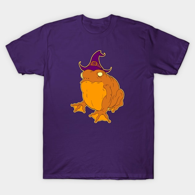 Spooky Cute Orange Halloween Frog with Witch Hat T-Shirt by Awful Waffle Press